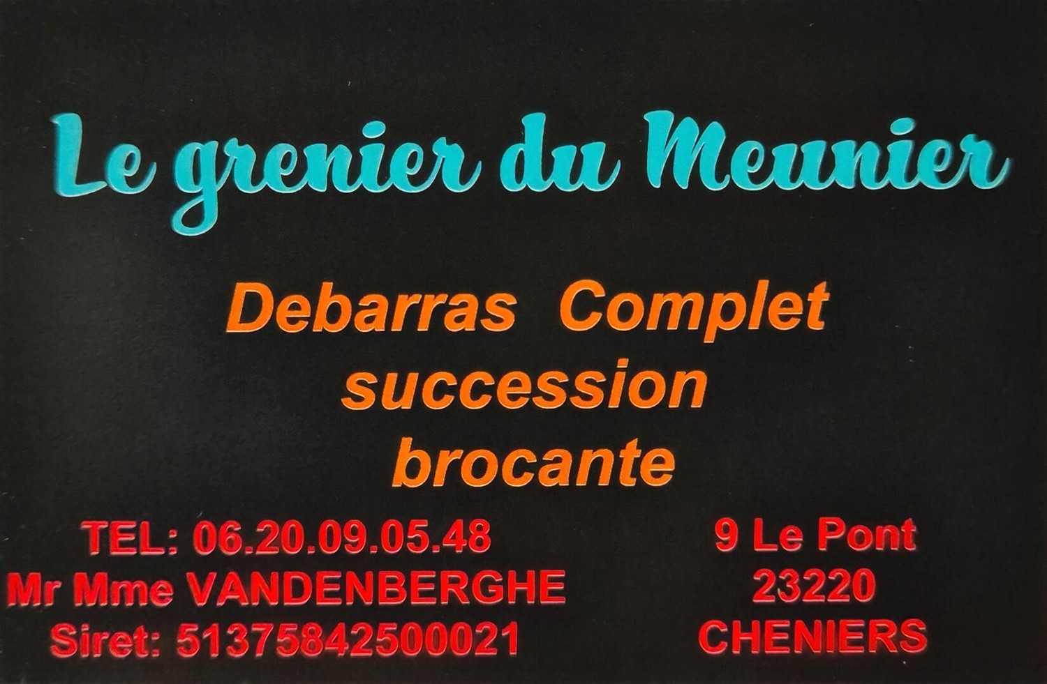 Carte de visite Le Grenier du Meunier avec téléphone, SIRET et adresse